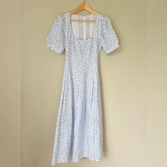 NEW Reformation Coucou Midi Linen Dress Hanna White Blue Floral | US 4 UK 8 - Picture 8 of 15